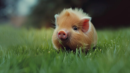 Adorable small piglet on lush green meadow