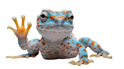 This colorful animal figure depicts a true frog, with a vibrant blue and orange lizard body adorned with striking orange spots