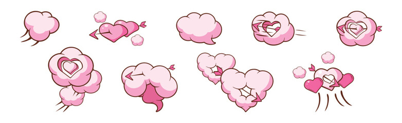 Fluffy Heart Cloud of Pink Color Vector Set