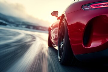 Red luxury sports car on an asphalt road with a blurred background of trees and sky.
