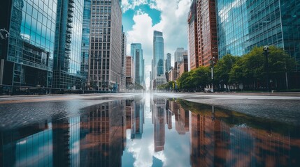 Fototapeta premium Urban Cityscape with Glass Skyscrapers and Reflective Puddle, Ideal for Business and Creativity