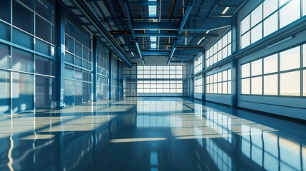 Obraz premium A spacious indoor room flooded with natural light through large, transparent windows that reflect the surrounding architecture and floor