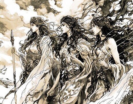 Viking Deity Sketch Pen Drawing of a Norse God three norns