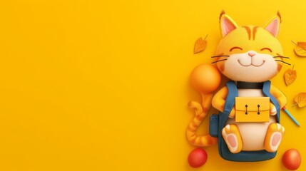 Cheerful cartoon cat with a backpack and autumn leaves on a yellow background