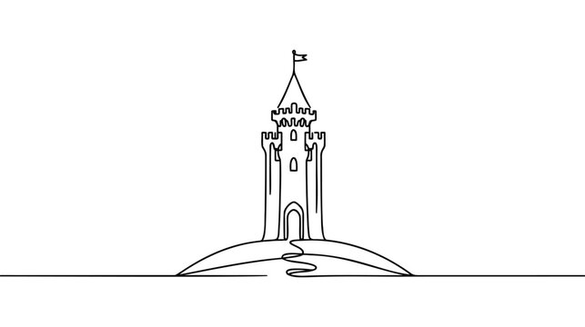 recommend clip art: Single one line drawing of castle in an amusement park with four towers and two flags on it.