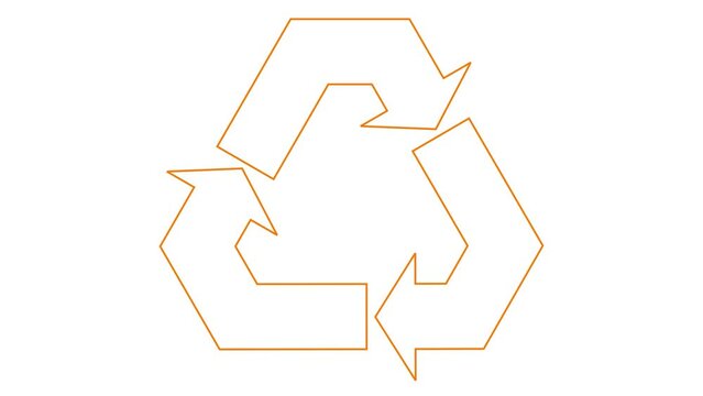Animated linear orange ecology icon is drawn. Line symbol of recycle. Concept of green technology, recycling, reuse, environmental friendliness. Looped video. Vector illustration isolated on white bac