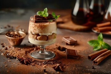 Gourmet tiramisu in a glass with layers of mascarpone, sponge cake, and chocolate, garnished with fresh mint on a rustic kitchen table - obrazy, fototapety, plakaty