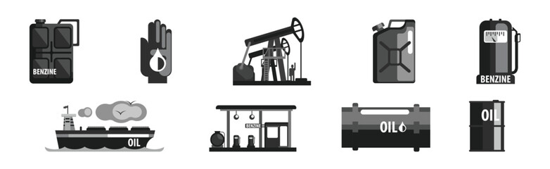 Oil and Petrol Industry Black Item and Object Vector Set - obrazy, fototapety, plakaty
