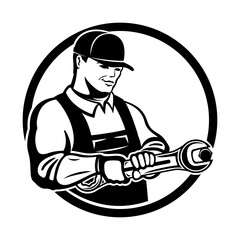 Round icon of mechanic with wrench on white background. - 745783545
