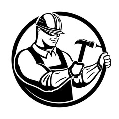 Round icon of worker builder with hammer on white background. - 745783546