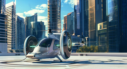 Futuristic taxi helicopter on a skyscraper rooftop. Revolutionary urban mobility concept for efficient transportation and stunning city views.