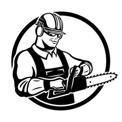 Round icon of construction worker with chainsaw on white background. - 745783588