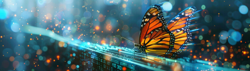 Butterfly effect visualized A single cybernetic butterfly triggers a cascade of holographic patterns across a smart citys interfaces