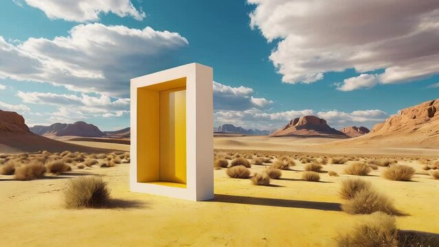 3d render, Surreal desert landscape with white clouds going into the yellow square portals on sunny day. Modern minimal abstract background
