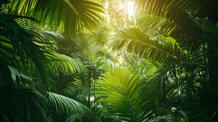 Fototapeta na wymiar Lush Green Jungle Foliage Creating a Serene and Tranquil Background in Sunlit Atmosphere