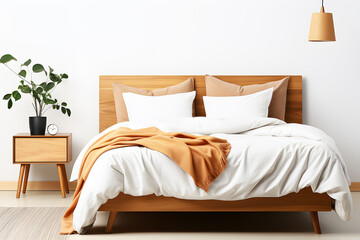 Wooden bed with brown wooden floor comfortable modern  pillow and blanket white on top on white background. Interior decoration for modern bedroom. Furniture placed on the side.