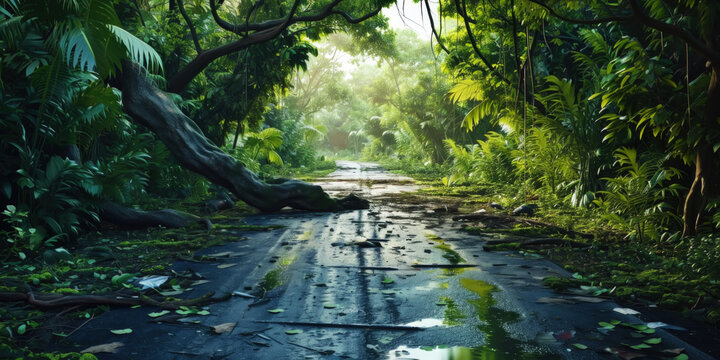 Empty wide abandoned jungle path with fallen trees.Road is covered in moss, ivy, jungle plants. Adventure. Generative AI