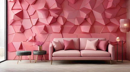 interior room decoration and structural background in pink color in pentagonal and hexagonal...