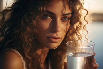 Beautiful young woman holding a glass of refreshing water in the stunning rays of the sun