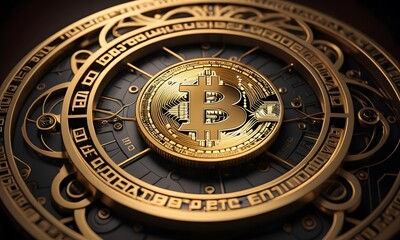 Fototapeta na wymiar A Bitcoin coin rests on an ornately designed timepiece, evoking the timeless nature of innovation in cryptocurrency. AI Generative
