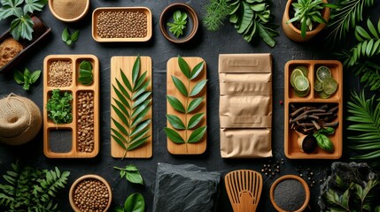 eco-friendly disposable tableware made of paper and wood with spices on a black background. the concept of recycling