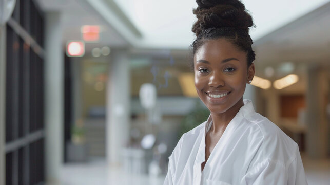 A young female nurse stands in her crisp bathrobe, her face beaming with a bright smile that radiates warmth and compassion, ready to provide care and comfort to her patients.