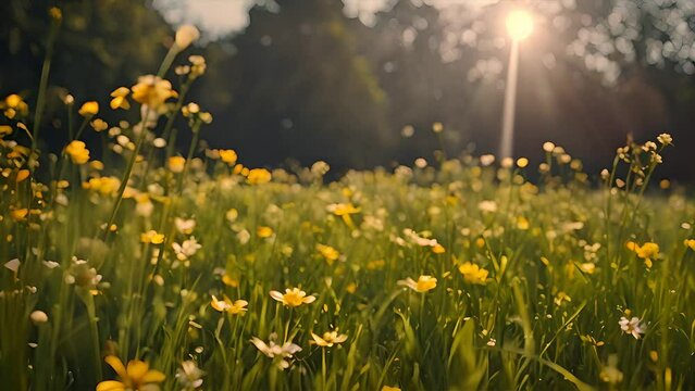 Expansive field filled with bright yellow and white flowers swaying in the breeze under the sunshine