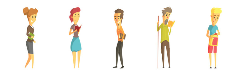 People Character Reading Book Being Fan of Literature Vector Set