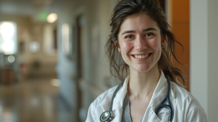 In her professional attire, a young female nurse wears a warm smile that reflects her genuine care and concern for others, her bathrobe symbolizing her commitment to healing and nu