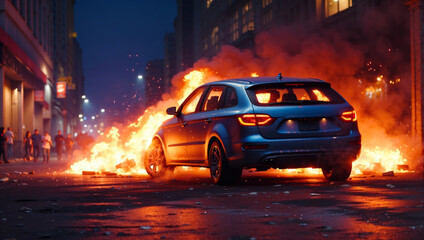 A burning car during riots in the city - obrazy, fototapety, plakaty