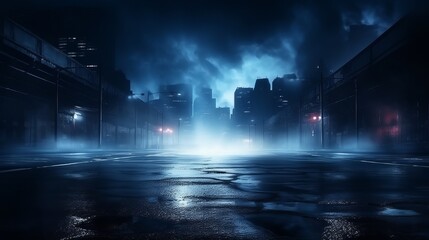 Dark street, wet asphalt, reflections of rays in the water. Abstract dark blue background, smoke, smog. Empty dark scene, neon light, spotlights. Concrete floor