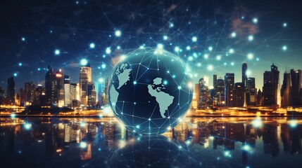 Creative image of cityscape and abstract globe with connected hr icons. Global network concept
