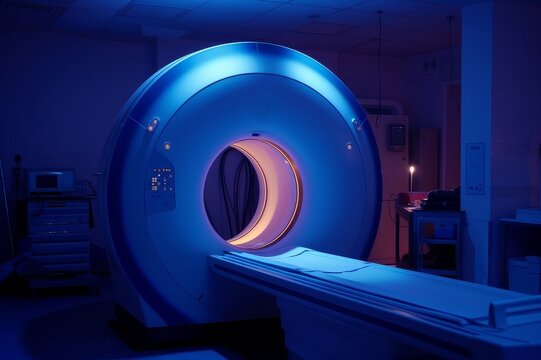 Blue and white doughnut-shaped medical imaging machine in a dimly lit room
