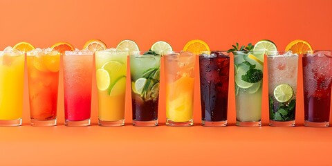 Vibrant assortment of various beverages lined up in a row leisurely. Concept Beverage Photography, Drink Display, Colorful Refreshments, Lined Up Drinks