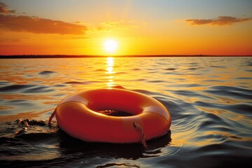 Bright orange lifebuoy floating on sunlit waves. Copy space with stunning dawn sky. Close-up - obrazy, fototapety, plakaty