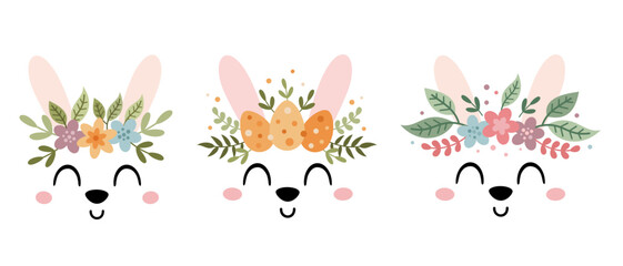 Cute bunny face clipart. Easter bunny clip art in cartoon flat style, perfect for scrapbooking, stickers, tags, greeting cards, invitations, decor. Hand drawn vector illustration.