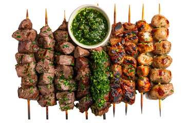 top view of Brazilian grilled meat skewers (churrasco) with marinated beef, chicken, and sausage, served with chimichurri sauce. - Powered by Adobe