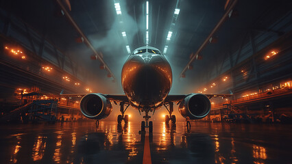 a plane in a hangar at an airport - obrazy, fototapety, plakaty