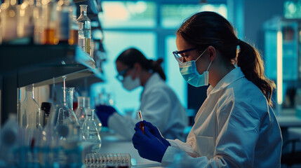 Amidst the array of scientific equipment, virologists in masks diligently work on their research in...