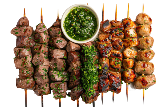 top view of Brazilian grilled meat skewers (churrasco) with marinated beef, chicken, and sausage, served with chimichurri sauce.