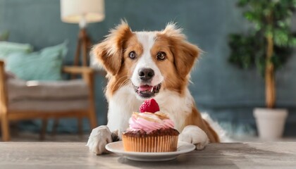 Generated image of cute dog eating cake at home