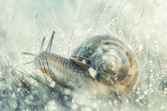  A close-up of a snail merged with the texture of dew-covered grass in a double exposure 