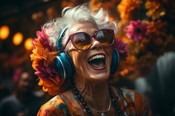 Elderly retirees joyfully dancing together at a lively beach party during their vacation - obrazy, fototapety, plakaty