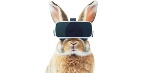 rabbit wearing VR glasses, portraying a playful and adventurous spirit eager for virtual escapades.