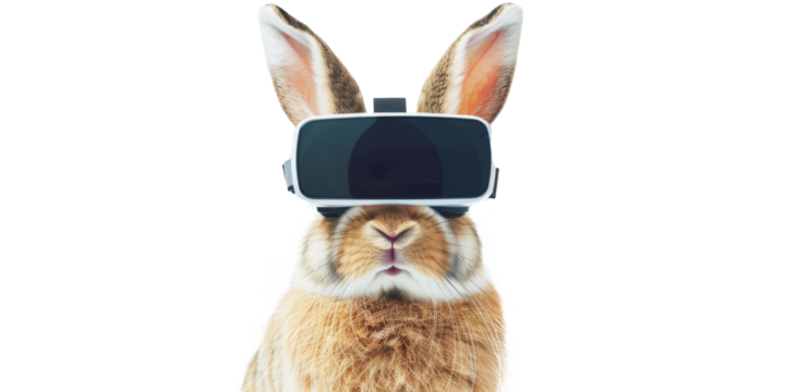 rabbit wearing VR glasses, portraying a playful and adventurous spirit eager for virtual escapades.