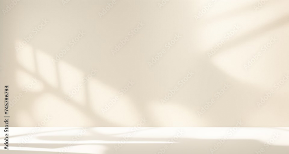 Aufkleber Minimalistic abstract simple gentle light beige background for product presentation with light and beautiful shadow from window on wall.