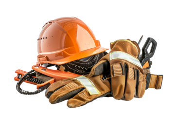 construction tools with safety gear such as helmets and gloves, emphasizing the importance of safety on the job.