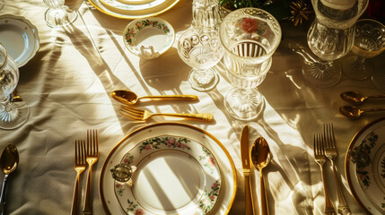 Aesthetically designed table with antique china and gold cutlery. Festive dinner concept. View from above. Generative AI