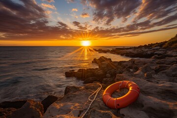 Bright orange lifebuoy on a rocky beach with the ocean in the background. Rescue and safety concept - obrazy, fototapety, plakaty