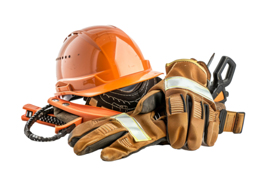construction tools with safety gear such as helmets and gloves, emphasizing the importance of safety on the job.